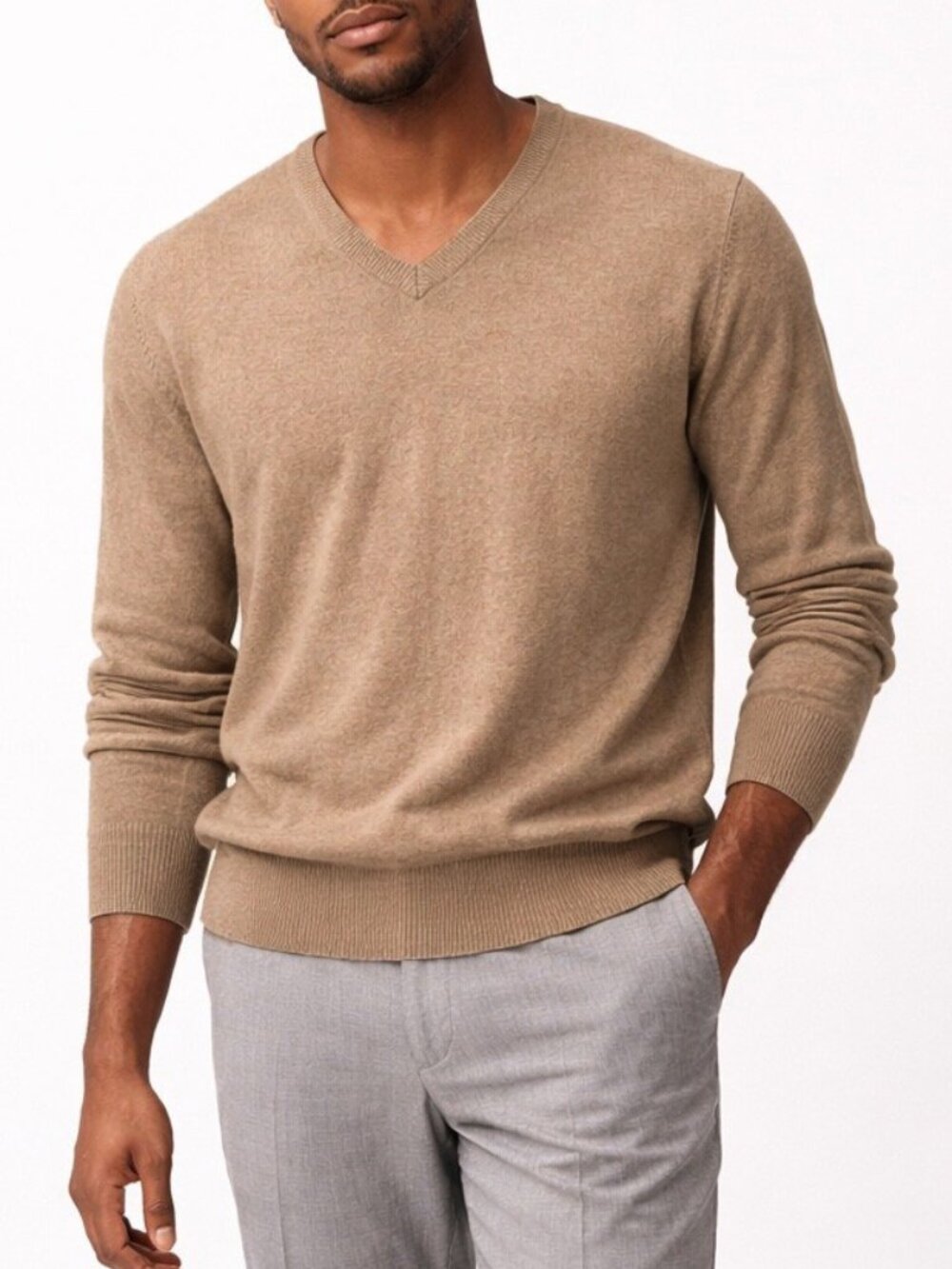 Jos. A Bank Cashmere Sweater Camel Brown Tan Minimal Classic V-Neck Long Sleeve
